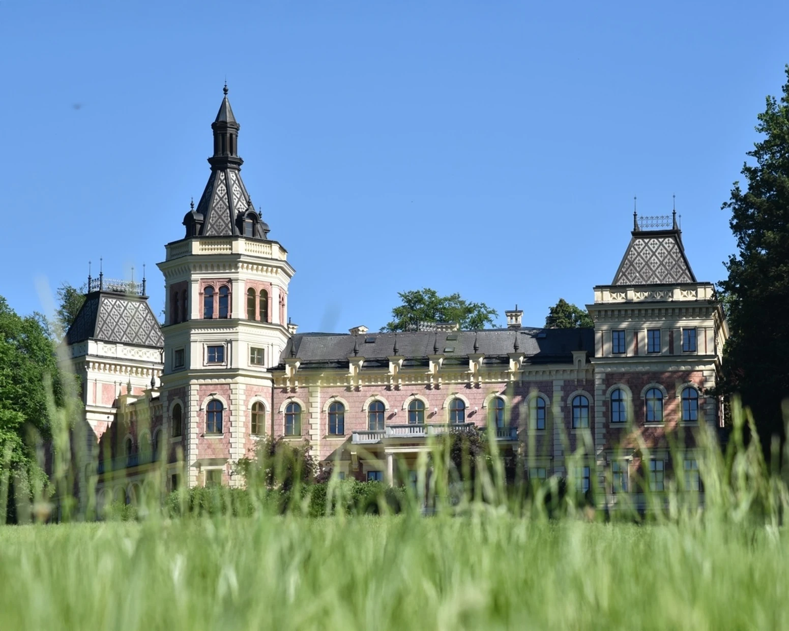 Foto vom Schlossgebäude mit Gras im Vordergrund